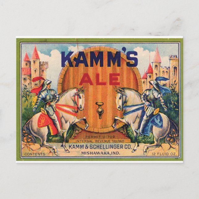Kamm's Ale Mishawaka Indiana Castles Knight Label Vykort (Framsida)