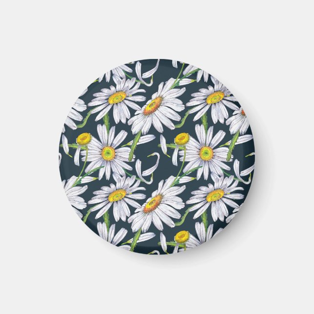 Kamomillblommor: Mörkt Blått Akvarell. Magnet (Framsidan)