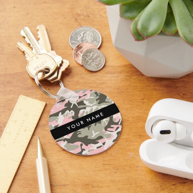 Kamouflage för rosa och Grönt Ditt namn Anpassa Nyckelring (Skrivbord)
