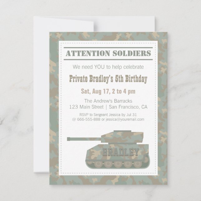 Kamouflage Militärtryck Armétank Födelsedagsfest Inbjudningar (Framsida)