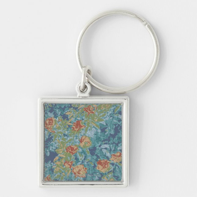 Kamouflage och blommor fyrkantig silverfärgad nyckelring (Framsidan)