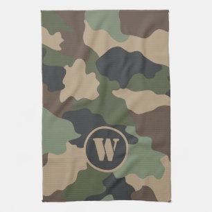 Kamouflage Woodland Camo Khaki Tan Black Monogram Kökshandduk