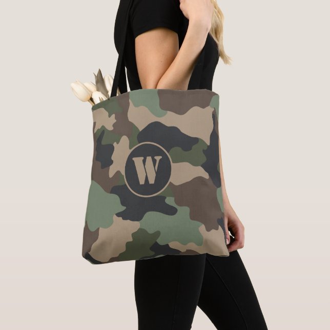 Kamouflage Woodland Camo Khaki Tan Black Monogram Tygkasse (Närbild)