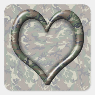 Kamouflage Woodland Forest Heart på Camo Fyrkantigt Klistermärke