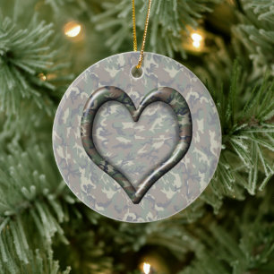 Kamouflage Woodland Forest Heart på Camo Julgransprydnad Keramik