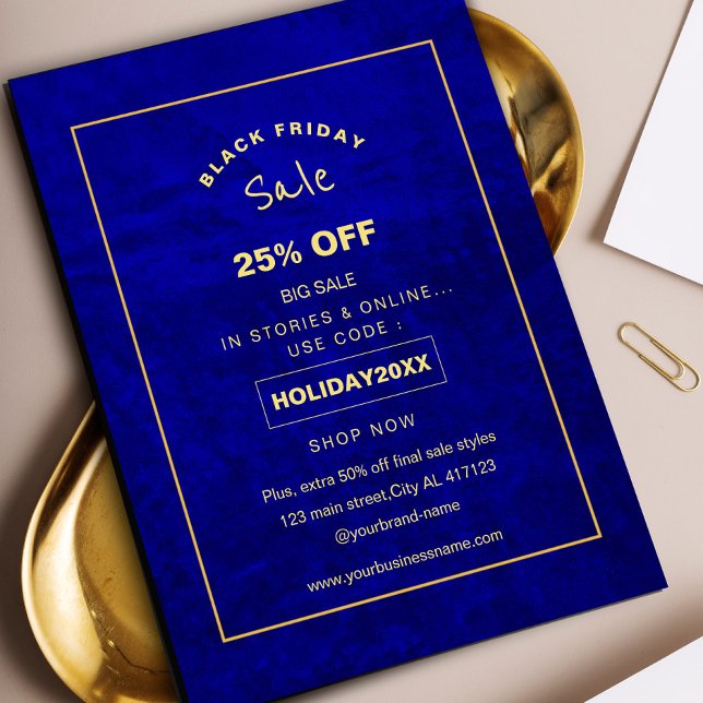 Kampanj för Royal Blue Scratch Holiday-rea  Reklamblad (Get ready to save big this Black Friday with our bold royal blue scratch sale flyer #bluegold #chic)