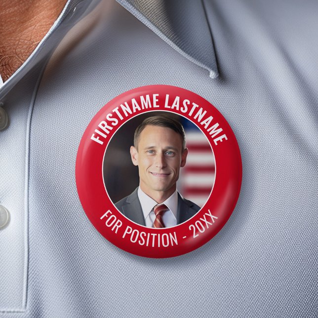 Kampanj-foto med böjd text - röd och vit knapp (Custom Campaign Gear -- Create your own election swag for any candidate)