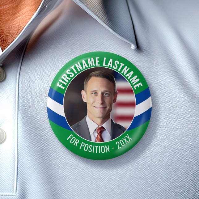 Kampanj-foto med böjd typ - Grönt blå Knapp (Custom Campaign Button - Great Personalized Rally button for Your Next Election)