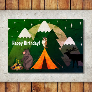Kampanjen tält och Forest Animals Mountain Birthda Kort
