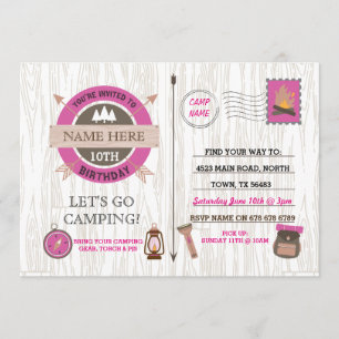 KAMPEN Camp Out FÖDELSEDAGSFEST rosa Flickor inbju Inbjudningar