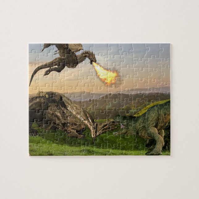 Kampen mot Dragon Tyrannosaurus Dinosaur Fantasy Pussel (Horisontell)