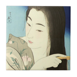 Kampen mot hennes hår (vackra asiatiska kvinnor) ( kakelplatta