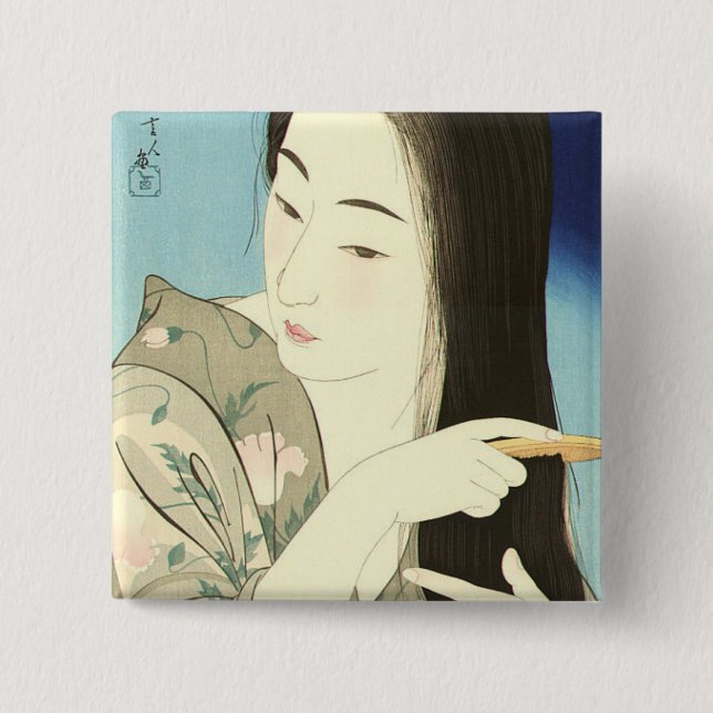 Kampen mot hennes hår (vackra asiatiska kvinnor) ( knapp (Framsida)