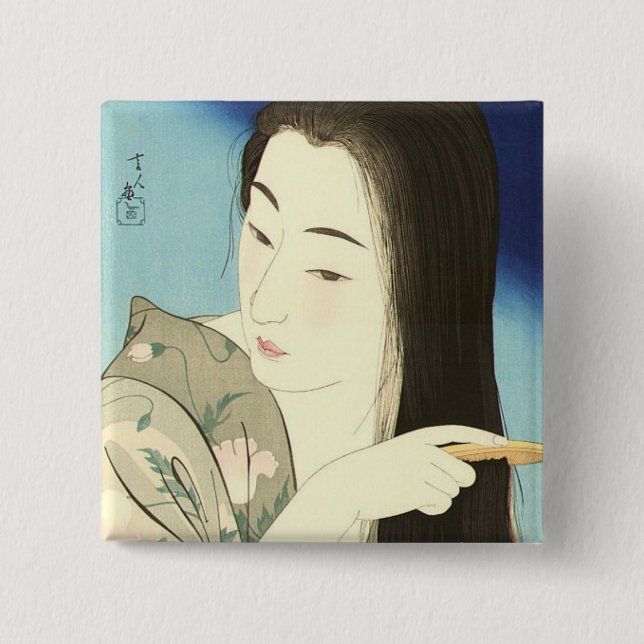 Kampen mot hennes hår (vackra asiatiska kvinnor) ( knapp (Framsida)