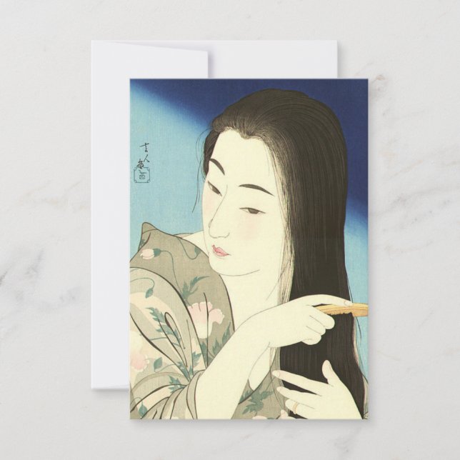 Kampen mot hennes hår (vackra asiatiska kvinnor) ( kort (Framsida)