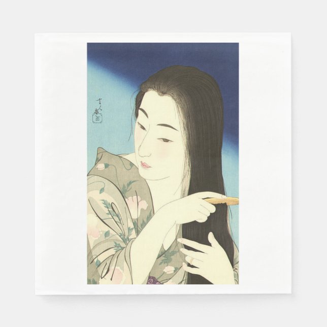 Kampen mot hennes hår (vackra asiatiska kvinnor) ( pappersservett (Framsidan)