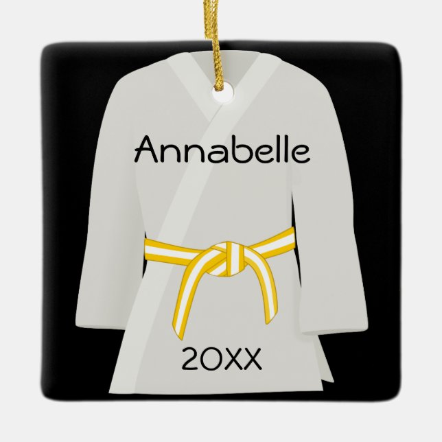 Kampsportar gulnar vitbälteprydnaden julgransprydnad keramik (Framsida)