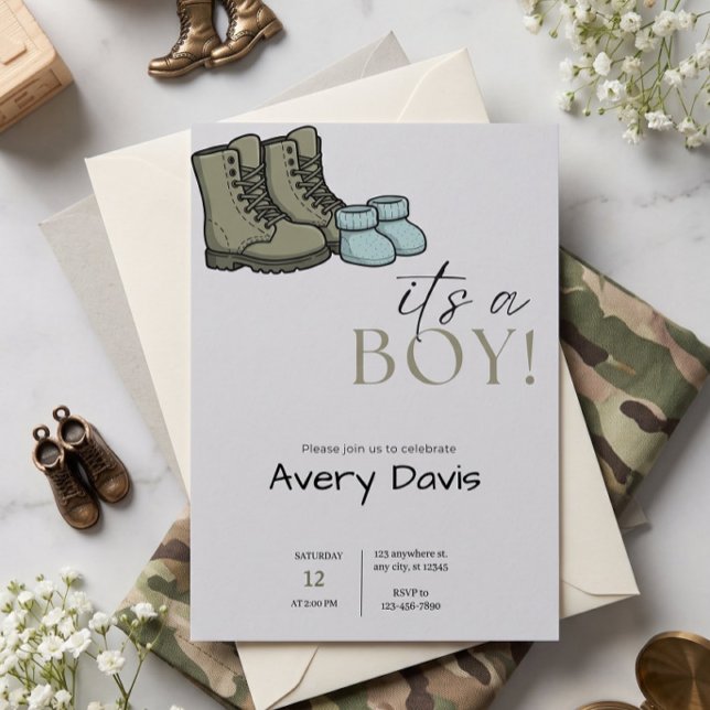 Kampstövlar & Babyskor Shower-inbjudan Inbjudningar (Combat Boots & Baby Booties Invitation | "It's a Boy" Military Baby Shower)