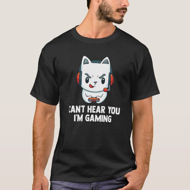 Kan inte höra dig   Videospelande katt T Shirt (Framsida)