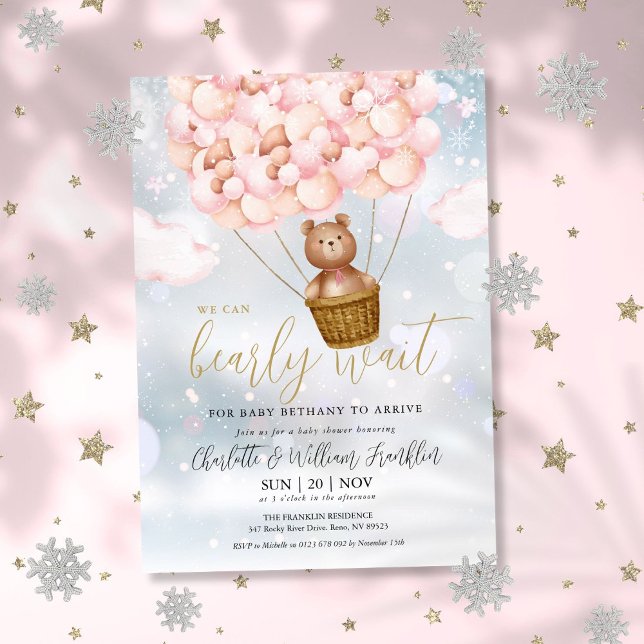 Kan knappast vänta Teddybjörn Flicka Vinter Baby S Inbjudningar (Bearly Wait Teddy Bear Girl Winter Baby Shower Invitation)