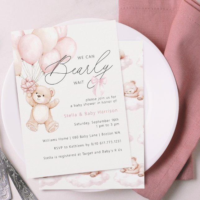 Kan knappt vänta Nallebjörn Flicka Bebis Babyshowe Inbjudningar (Bearly Wait Teddy Bear Girl Baby Shower Invitation)