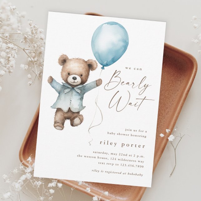 Kan knappt vänta Nallebjörn Pojkarnas Baby Shower (Can Bearly Wait Blue Balloon Boys Baby Shower Magnetic Invitation.)
