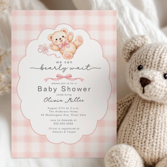 Kan knappt vänta Rosa Teddybjörn Bebis Shower Inbj Inbjudningar (Skapare uppladdad)