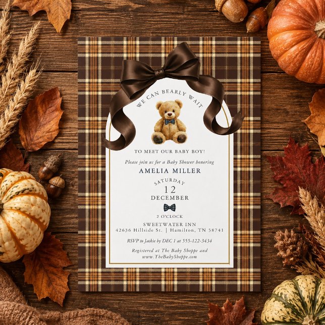 Kan Nästan Inte Vänta Höst Rutig Teddybjörn Bebis  Inbjudningar (Can Bearly Wait Fall Plaid Teddy Bear Baby Shower Invitation)