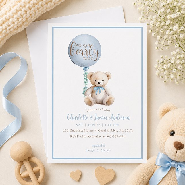 Kan Nätteligen Vänta Blå Teddygosse Bebis Bjudning Inbjudningar (Blue Baby shower invite with soft details)