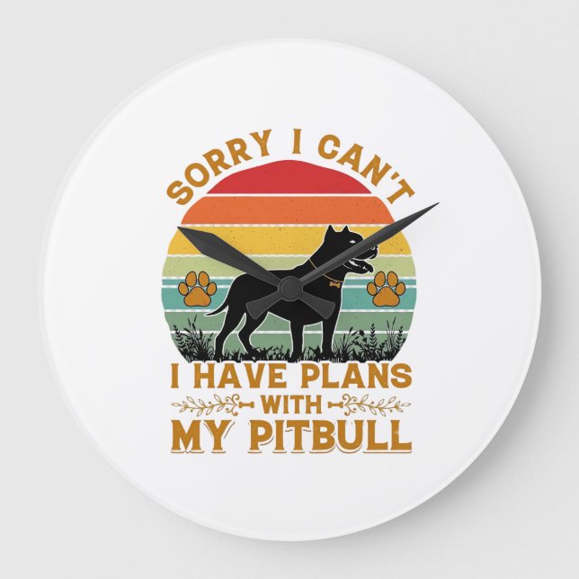 Kan planer Hund Pitbull Retro Solnedgång_1 Stor Klocka (Framsida)