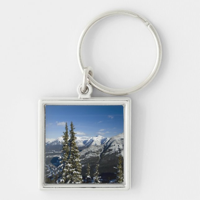 Kanada, Alberta, Banff. Utsikter över Bow Valley Fyrkantig Silverfärgad Nyckelring (Framsidan)