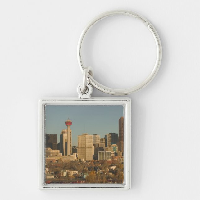 Kanada, Alberta, Calgary: Stadssilhuett från 2 Fyrkantig Silverfärgad Nyckelring (Framsidan)