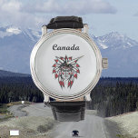 Kanada Colorful Native Indian Chief Armbandsur<br><div class="desc">Visar "Kanada" i skripttext och huvudet på en indian med röd och vit luddrubrik. Huvudbonusen kallas också krig och bärs av män, som till exempel en chef, som hålls högt av sina stammar. Denna färgstarka chef är resolut och stolt. Röda kanadensiska löv visas av öron. En krigare. För ursprungsbefolkningar, indier,...</div>