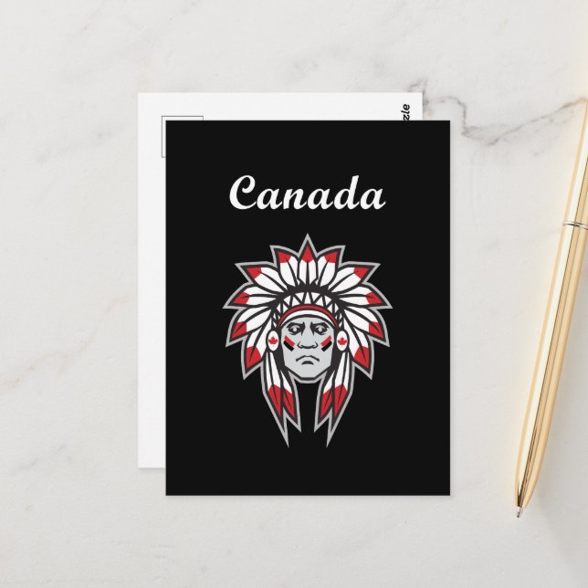 Kanada Colorful Native Indian Chief Mörk Vykort (Fram/Back In Situ)