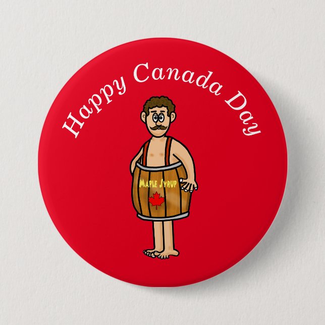 Kanada Day Button Man Wearing Maple Syrup Barrel Knapp (Framsida)