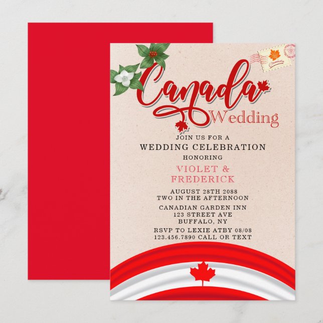 Kanada Flagga och Blommigtarna Bröllop Inbjudningar (Fram/baksida)