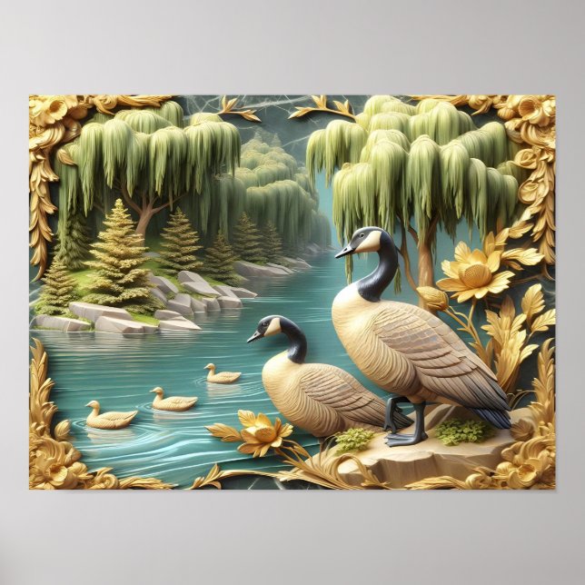 Kanada Geese Amidst the Weeping Willows 16x12 Poster (Framsidan)