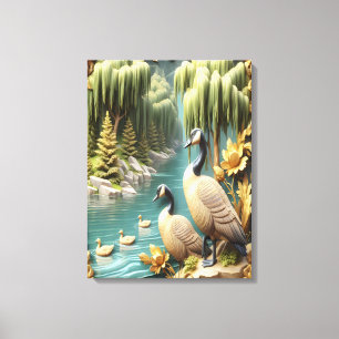 Kanada Geese Amidst the Weeping Willows 18x24 Canvastryck