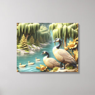 Kanada Geese Amidst the Weeping Willows 20x16 Canvastryck