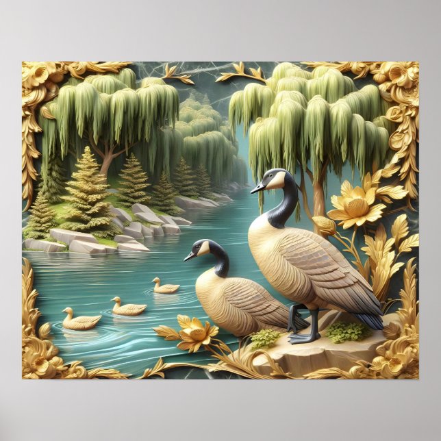 Kanada Geese Amidst the Weeping Willows 20x16 Poster (Framsidan)