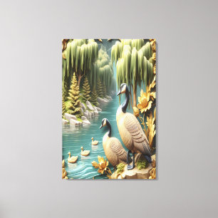 Kanada Geese Amidst the Weeping Willows 24x36 Canvastryck