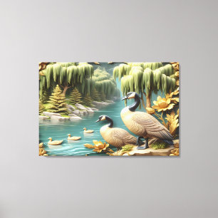 Kanada Geese Amidst the Weeping Willows 36x24 Canvastryck