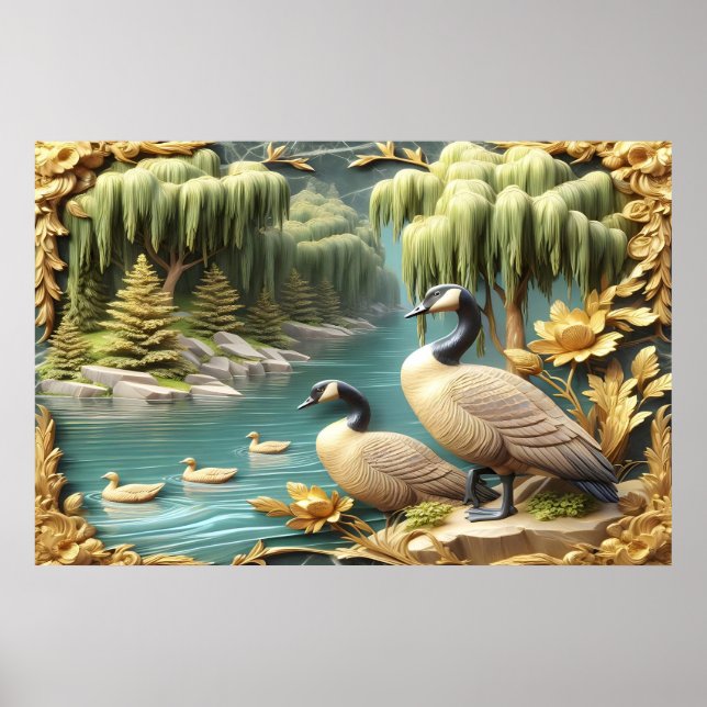Kanada Geese Amidst the Weeping Willows 36x24 Poster (Framsidan)