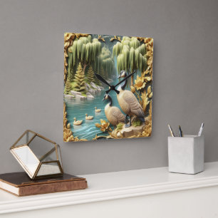 Kanada Geese Amidst the Weeping Willows Fyrkantig Klocka