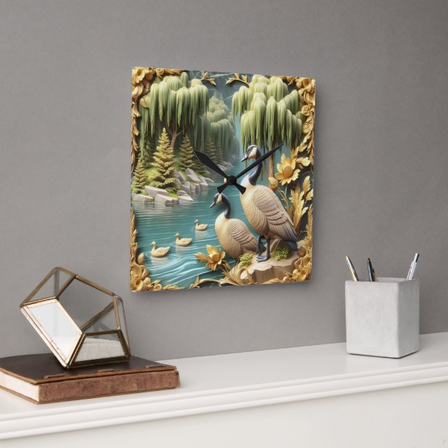 Kanada Geese Amidst the Weeping Willows Fyrkantig Klocka (Kontor)