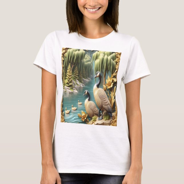 Kanada Geese Amidst the Weeping Willows T Shirt (Framsida)