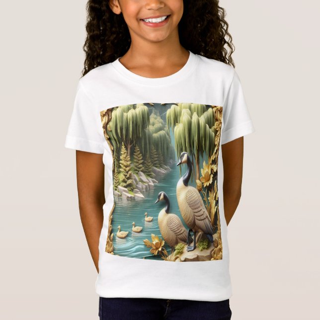 Kanada Geese Amidst the Weeping Willows T Shirt (Framsida)