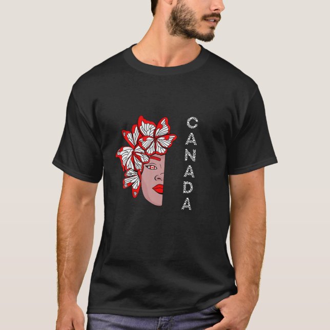 Kanada Halva Ansikte Woman Butterfly Maple Löv Can T Shirt (Framsida)