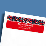 Kanada Kanada Canadian jul Winter Moose Adress Returadress Etikett<br><div class="desc">Kanadensisk kod för julstämning i moose Address. Vackrött och vitt vinterkanadensiskt inslag mot en marin blå bakgrund. I närheten av en älg,  julgranar,  Kanada,  flagga,  maple löv och isrockor. Perfekt för julafton och helgdagarna.</div>
