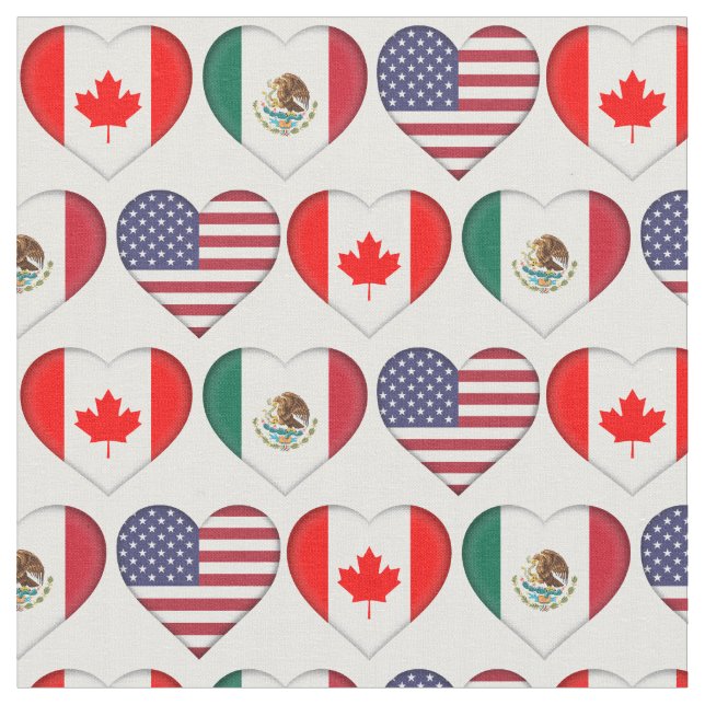 Kanada Mexiko USA 3 Land Flagga Hearts Tyg (Närbild)